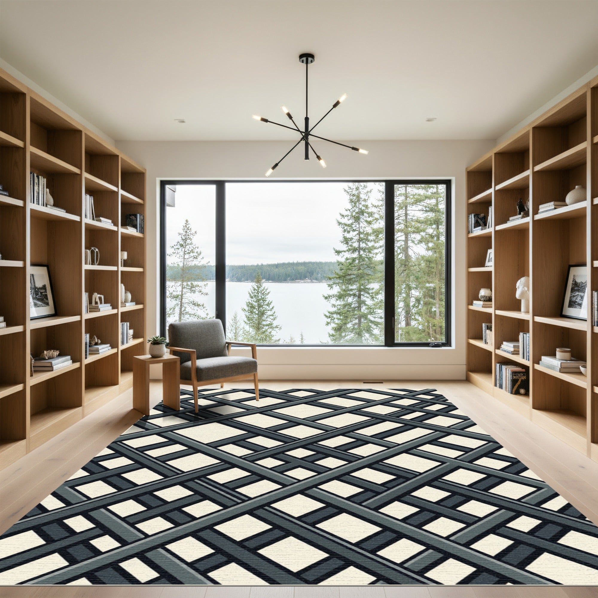 Modern Dark Gray Intersecting Grid Rug