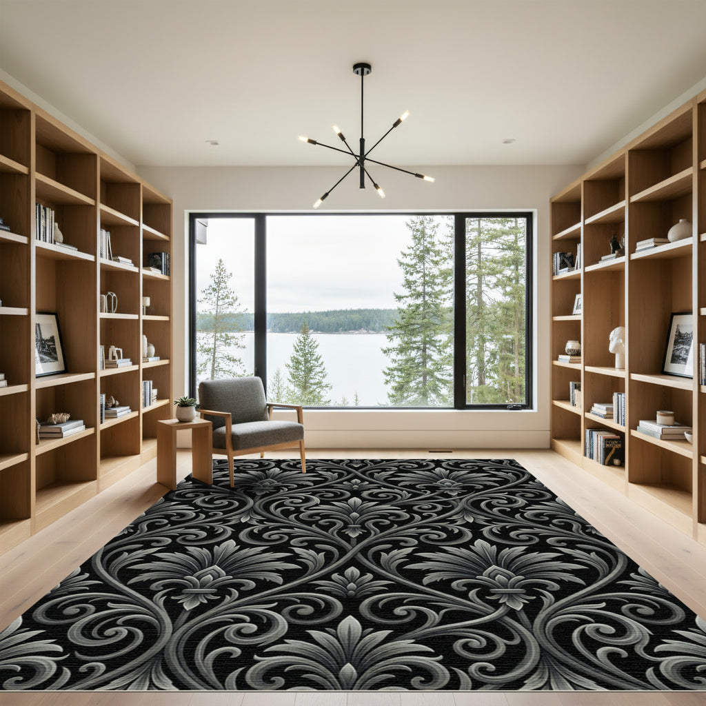 Black Gray Scrolling Leaf Flourish Rug