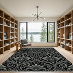 Black Gray Scrolling Leaf Flourish Rug