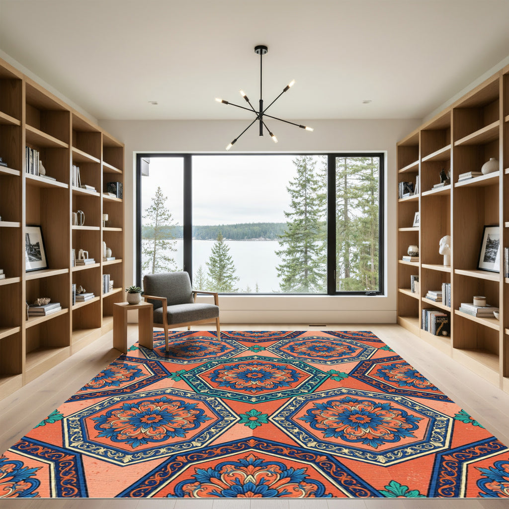 Orange Blue Floral Medallion Octagonal Rug