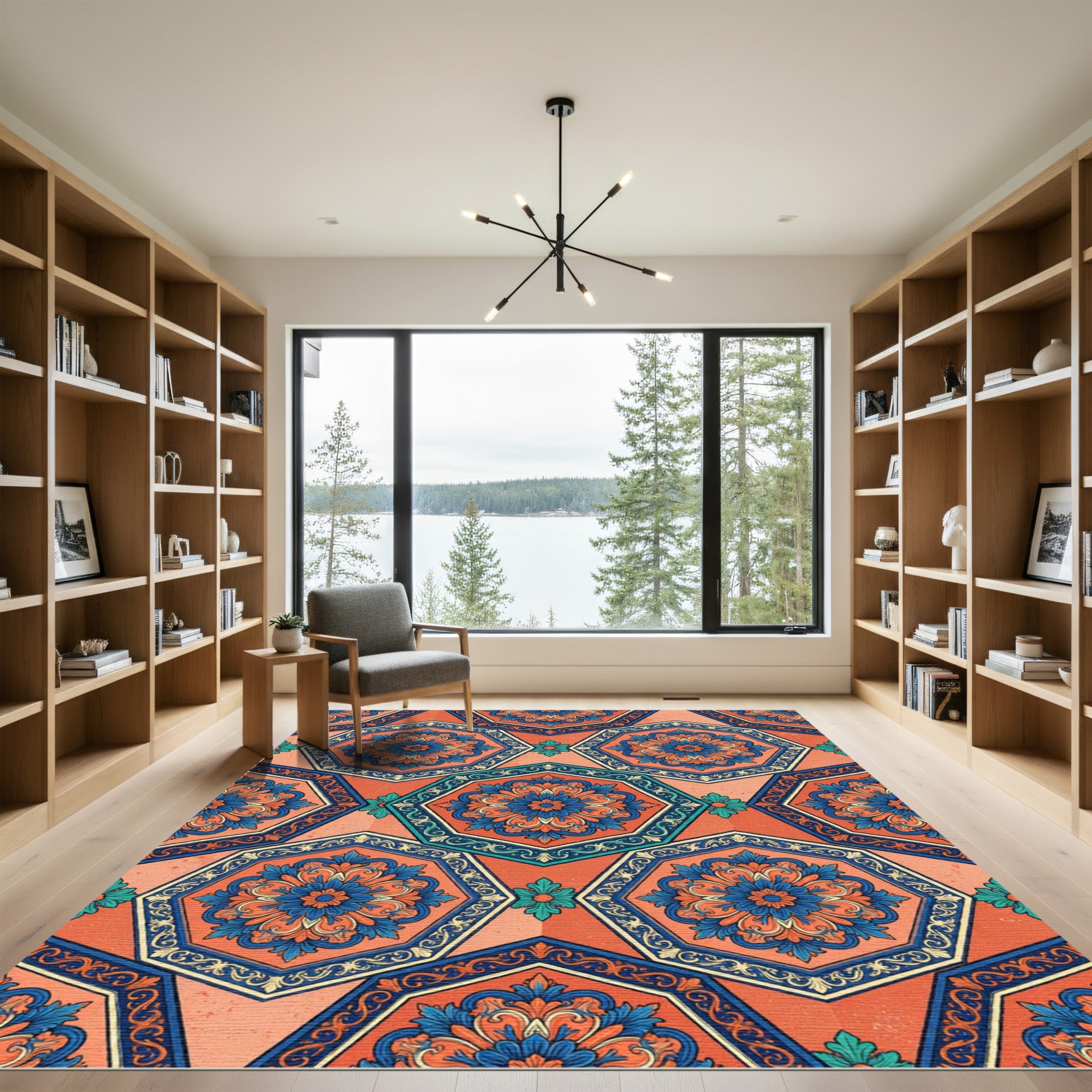 Orange Blue Floral Medallion Octagonal Rug