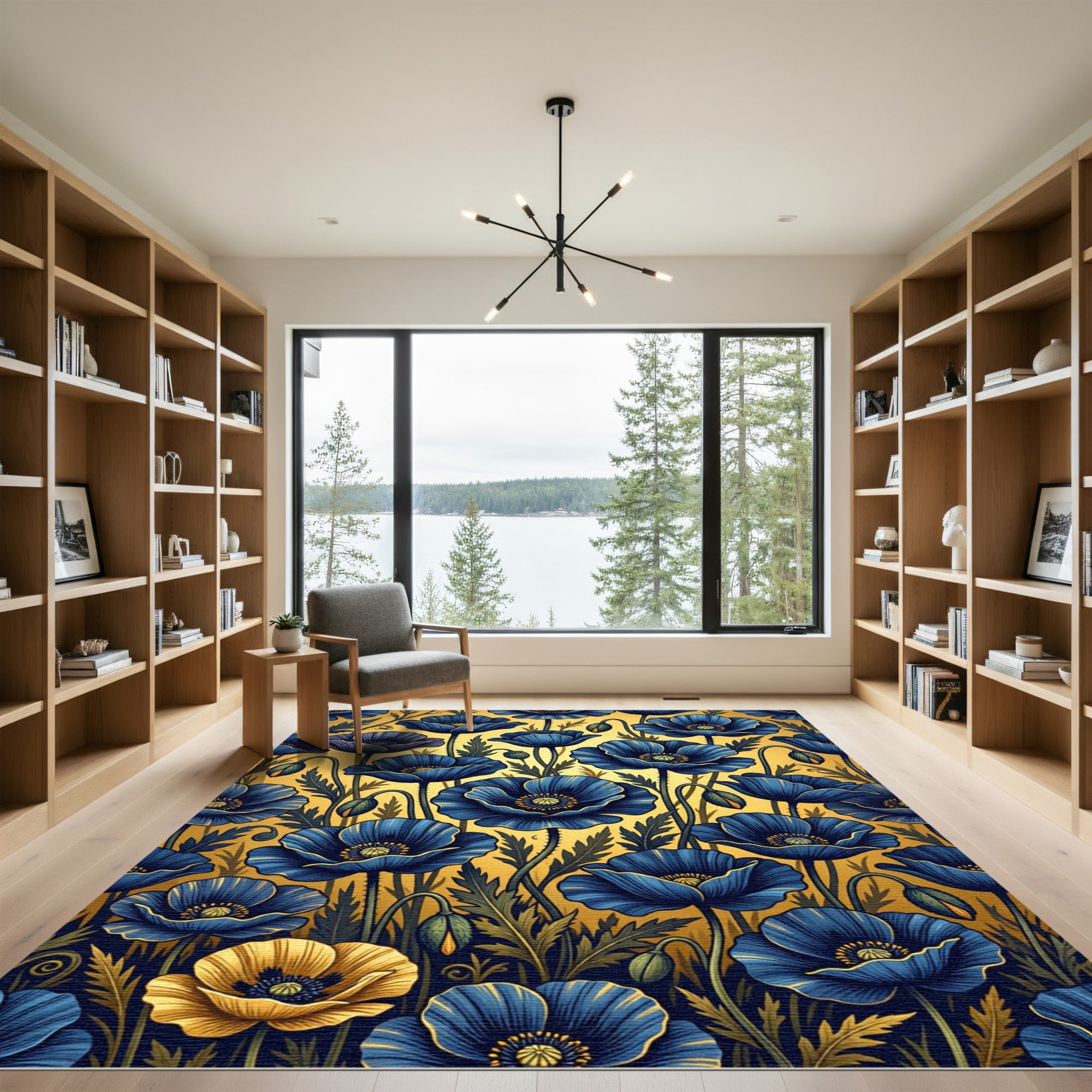 Golden Poppies in Deep Navy Blue Rug