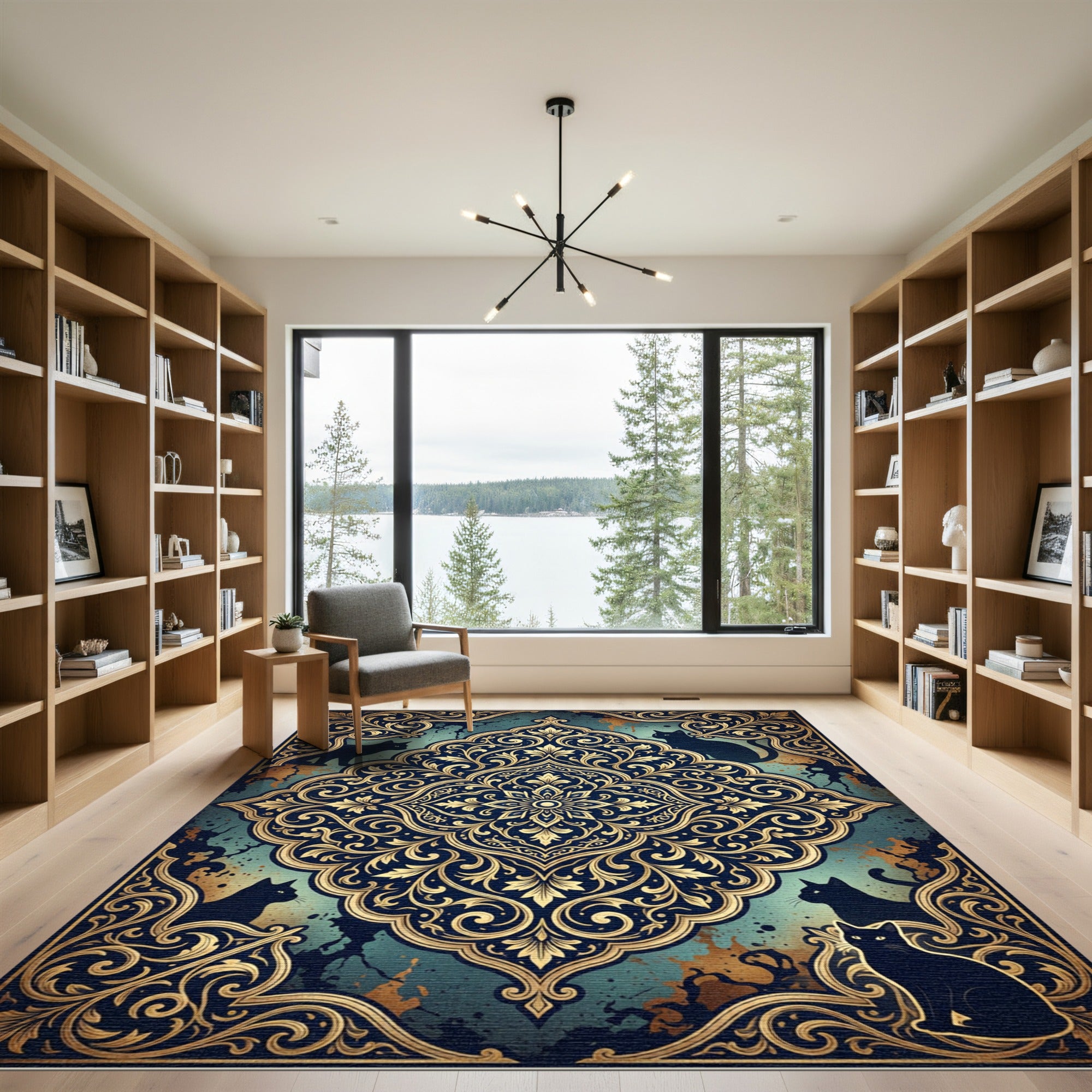 Ornate Gold Filigree Black Cat Medallion Rug