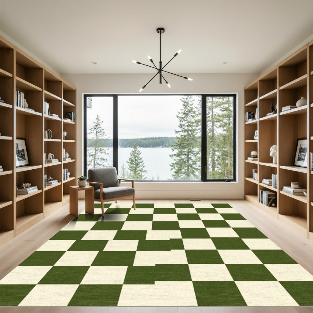 Olive Green and Cream Checkerboard Grid Rug