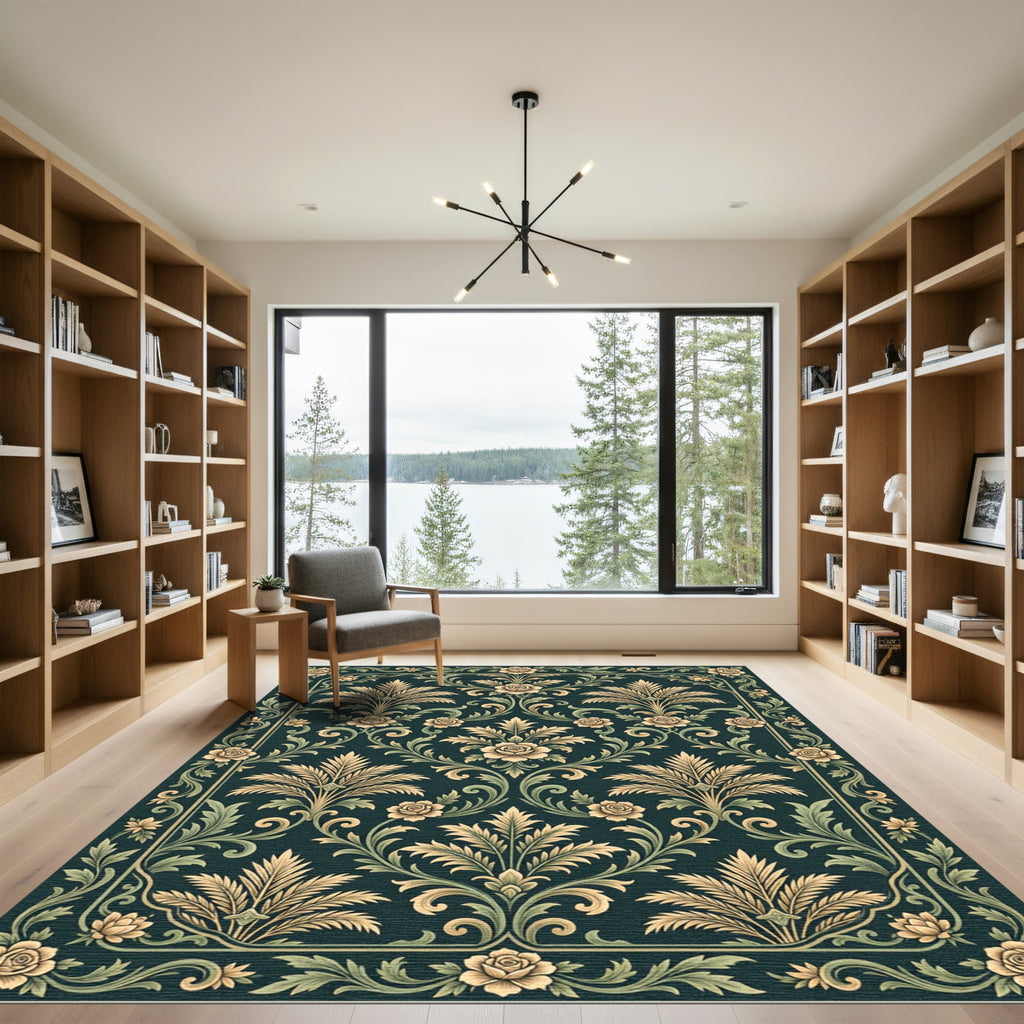 Elegant Dark Emerald Rose Damask Rug