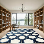 Deep Blue Layered Hexagon Geometric Rug