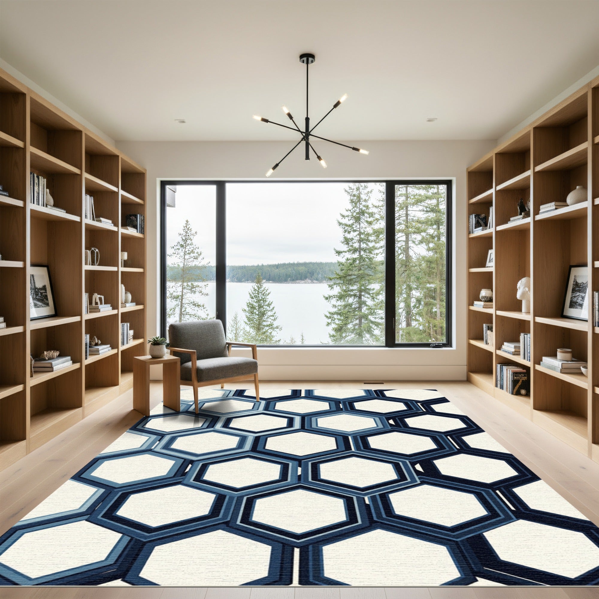 Deep Blue Layered Hexagon Geometric Rug