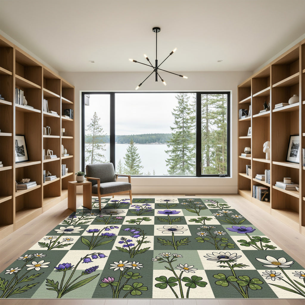 Sage Green Checkerboard Wildflower Meadow Rug