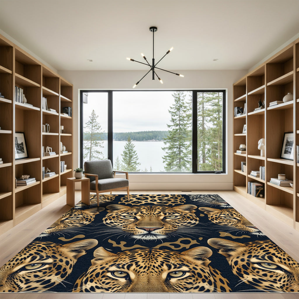 Golden Leopard Fur Animal Face Tiled Rug