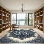 Elegant Blue Floral Ornament Medallion Rug