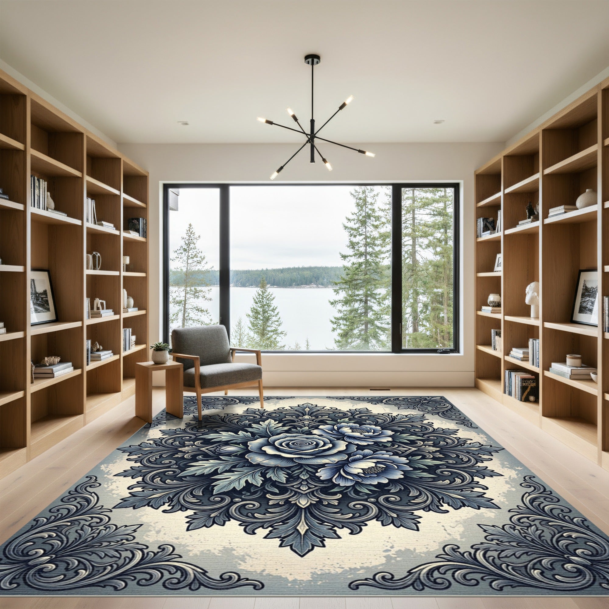 Elegant Blue Floral Ornament Medallion Rug