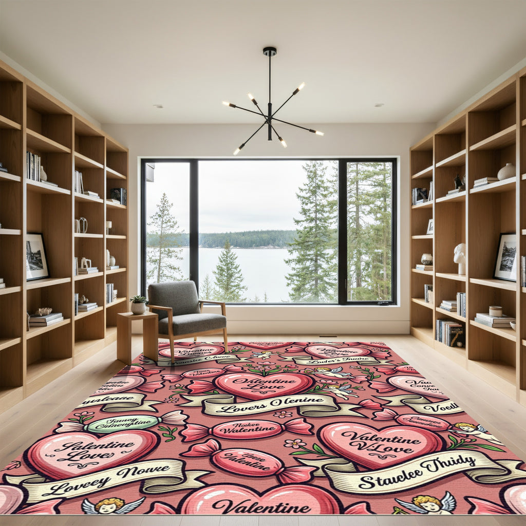 Valentine Hearts Candy Cupid Ribbon Theme Rug