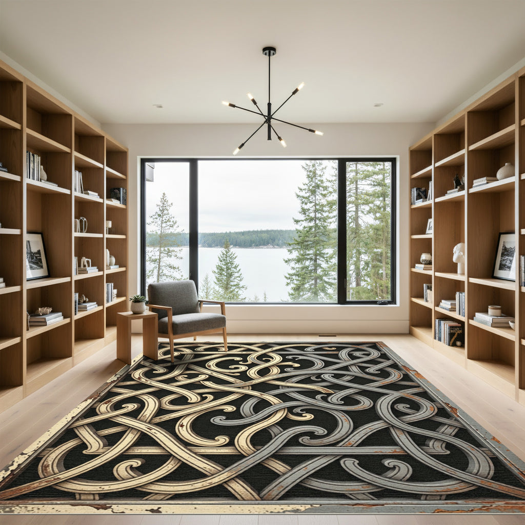 Metallic Gold and Silver Entwined Scroll Rug