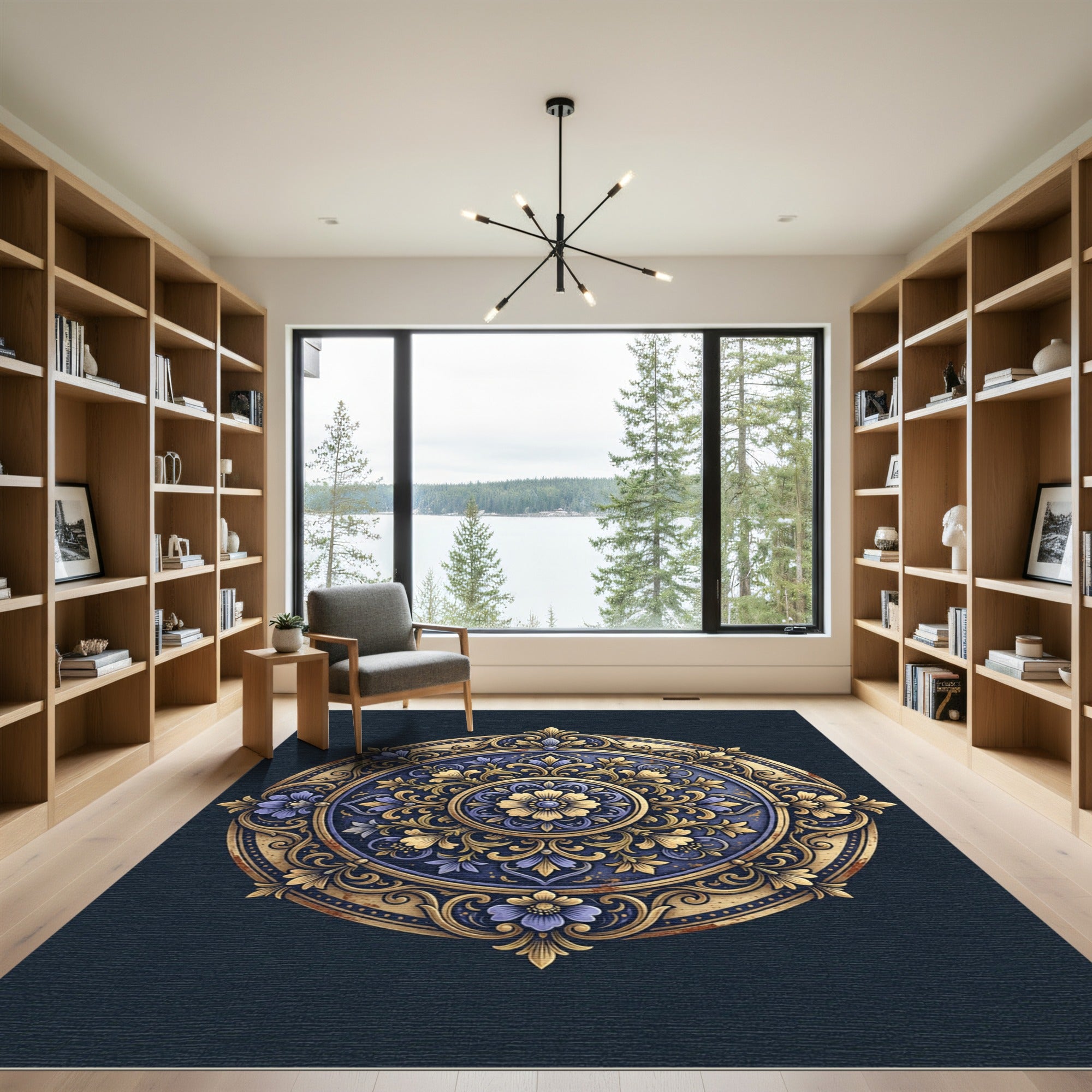 Ornate Deep Blue Floral Medallion Rug