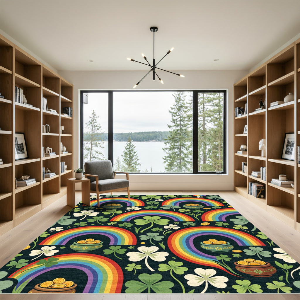 Whimsical Lucky Clover Rainbow Gold Pot Rug