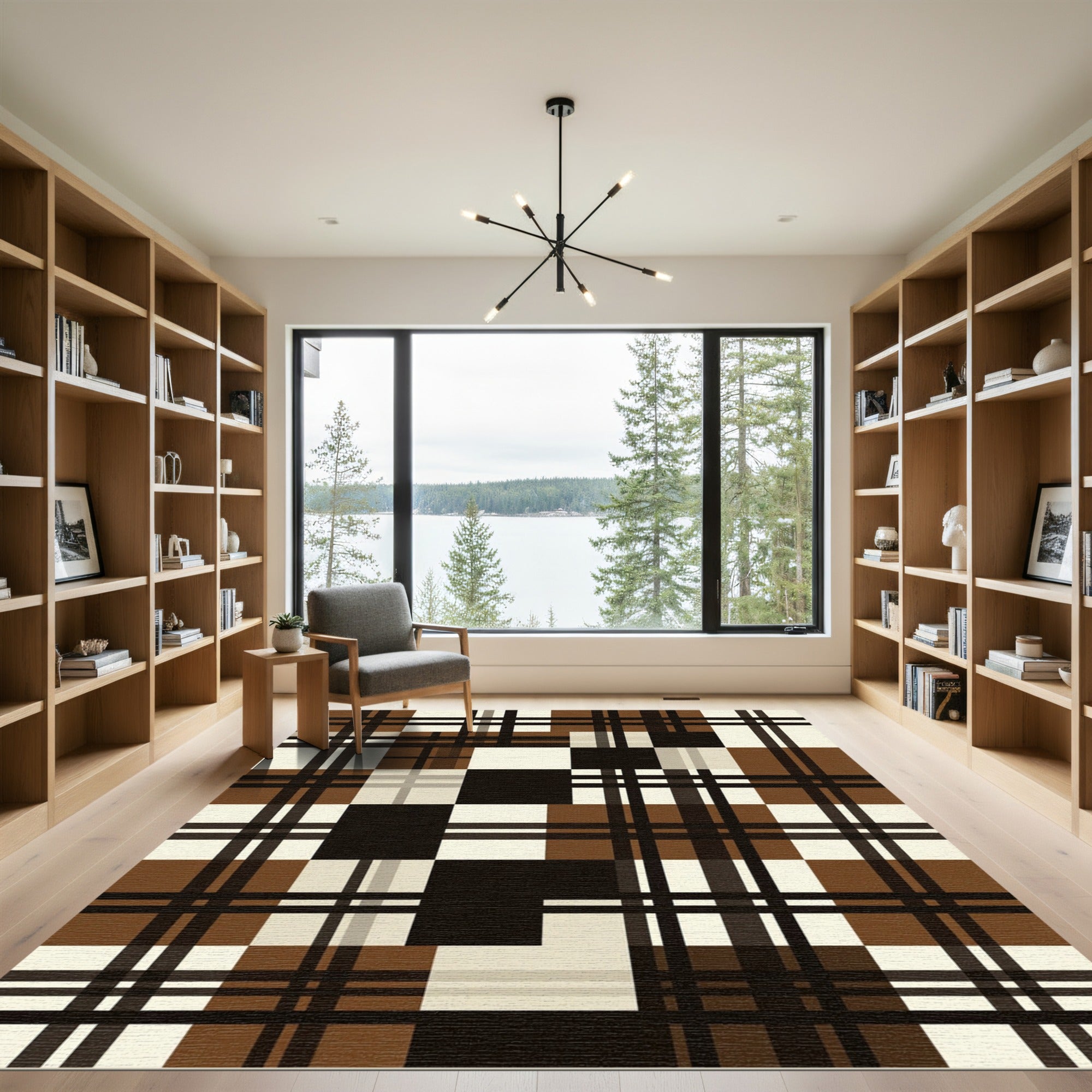 Modern Brown and Black Plaid Grid Rug