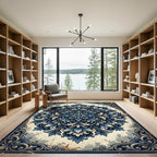 Intricate Navy Blue Floral Mandala Rug