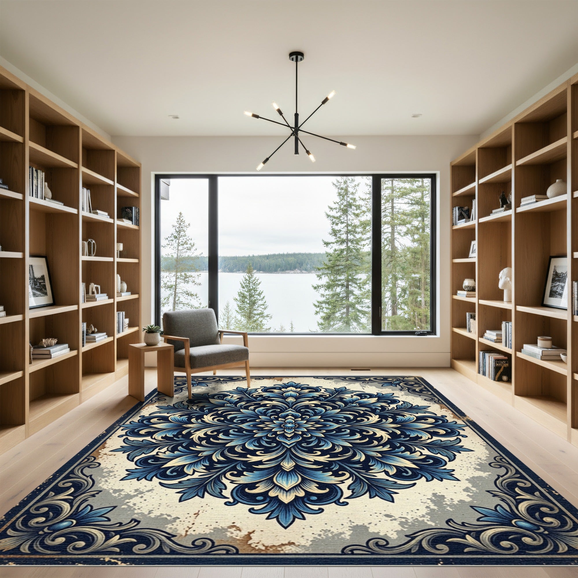 Intricate Navy Blue Floral Mandala Rug
