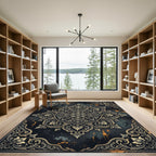 Ornate Golden Floral Damask Midnight Tapestry Rug