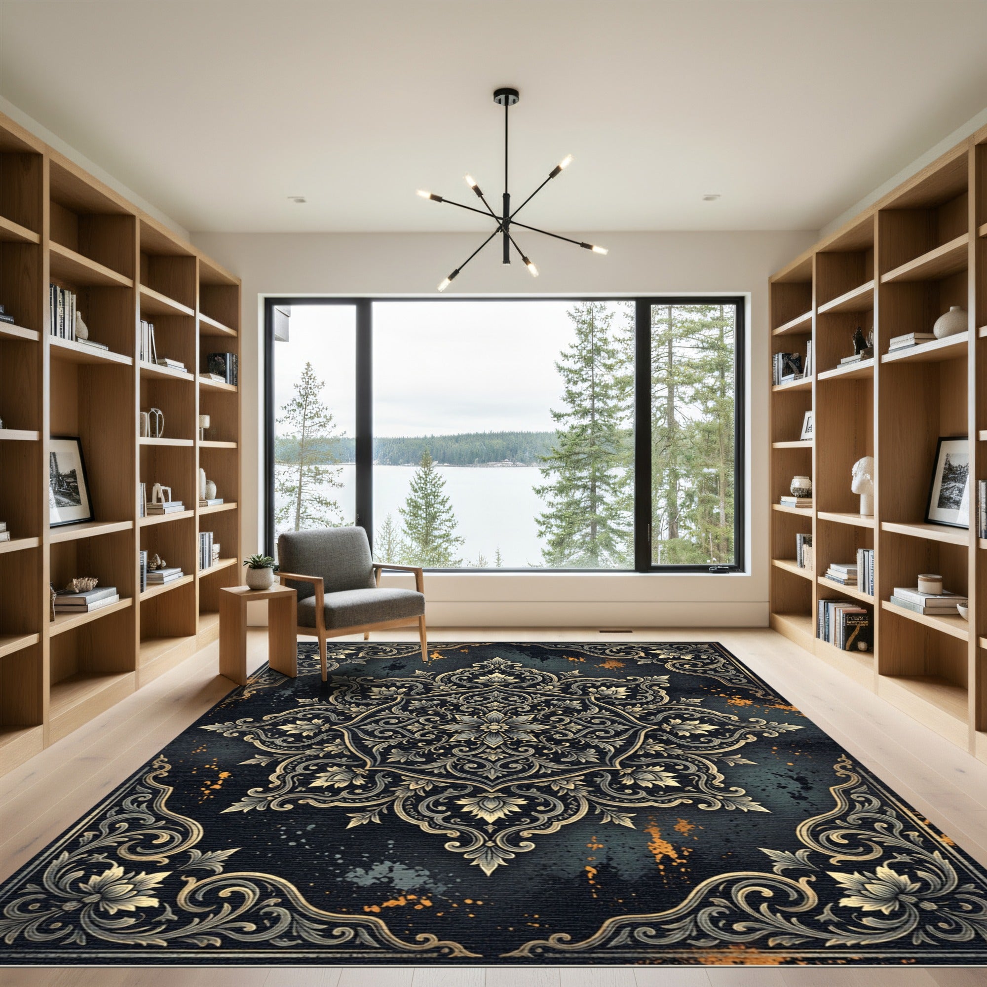 Ornate Golden Floral Damask Midnight Tapestry Rug