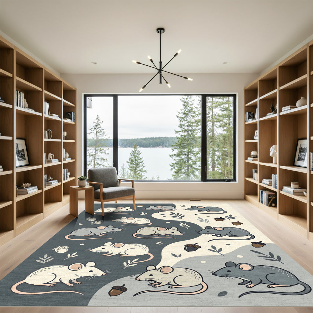 Whimsical Forest Mouse and Acorn Illustration Rug