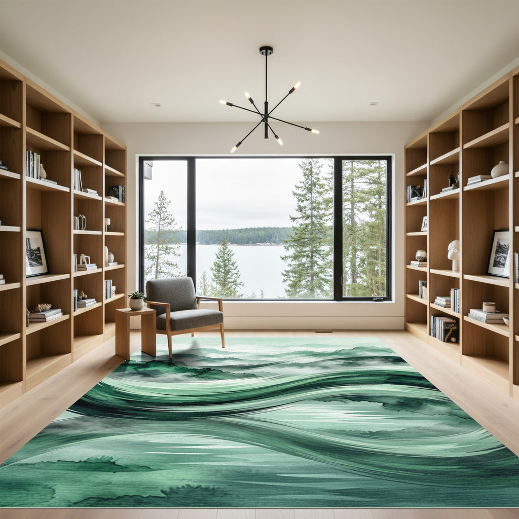 Abstract Emerald Swirl Forest Mountain Landscape Rug
