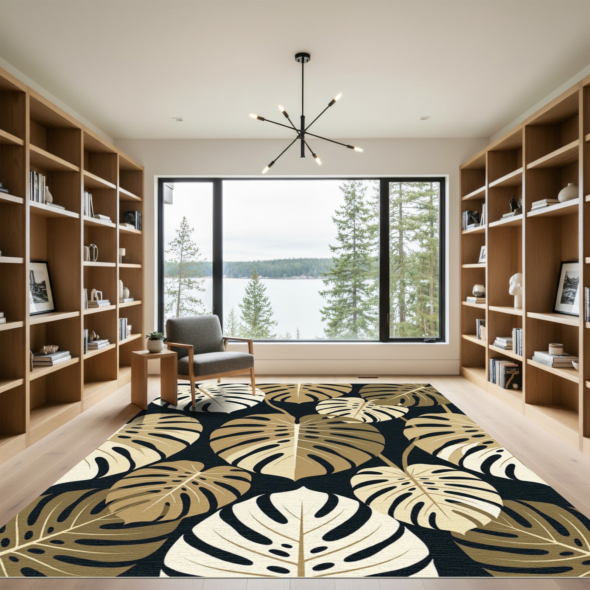 Elegant Golden Monstera Leaf Botanical Rug