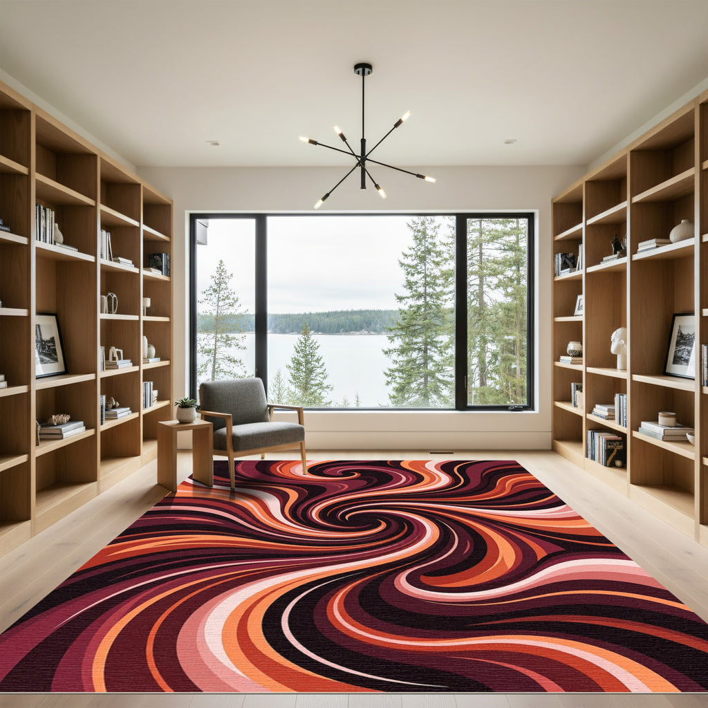Crimson Orange Swirl Abstract Rug