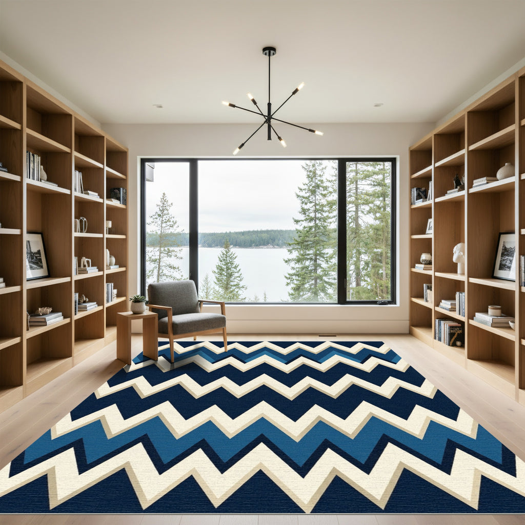 Bold Navy Blue Zigzag Chevron Rug