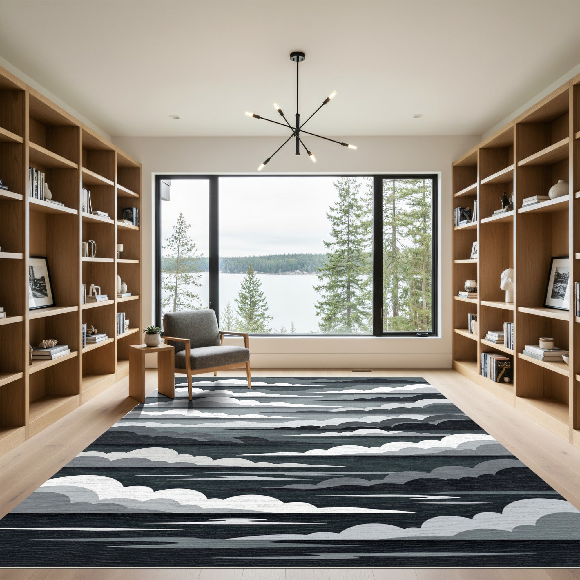Monochrome Layered Cloudscape Abstract Art Rug