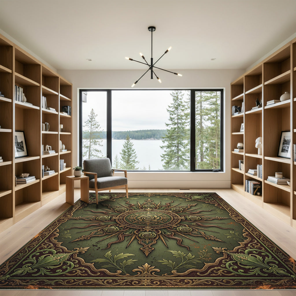 Ornate Sage Green Floral Radiating Medallion Rug
