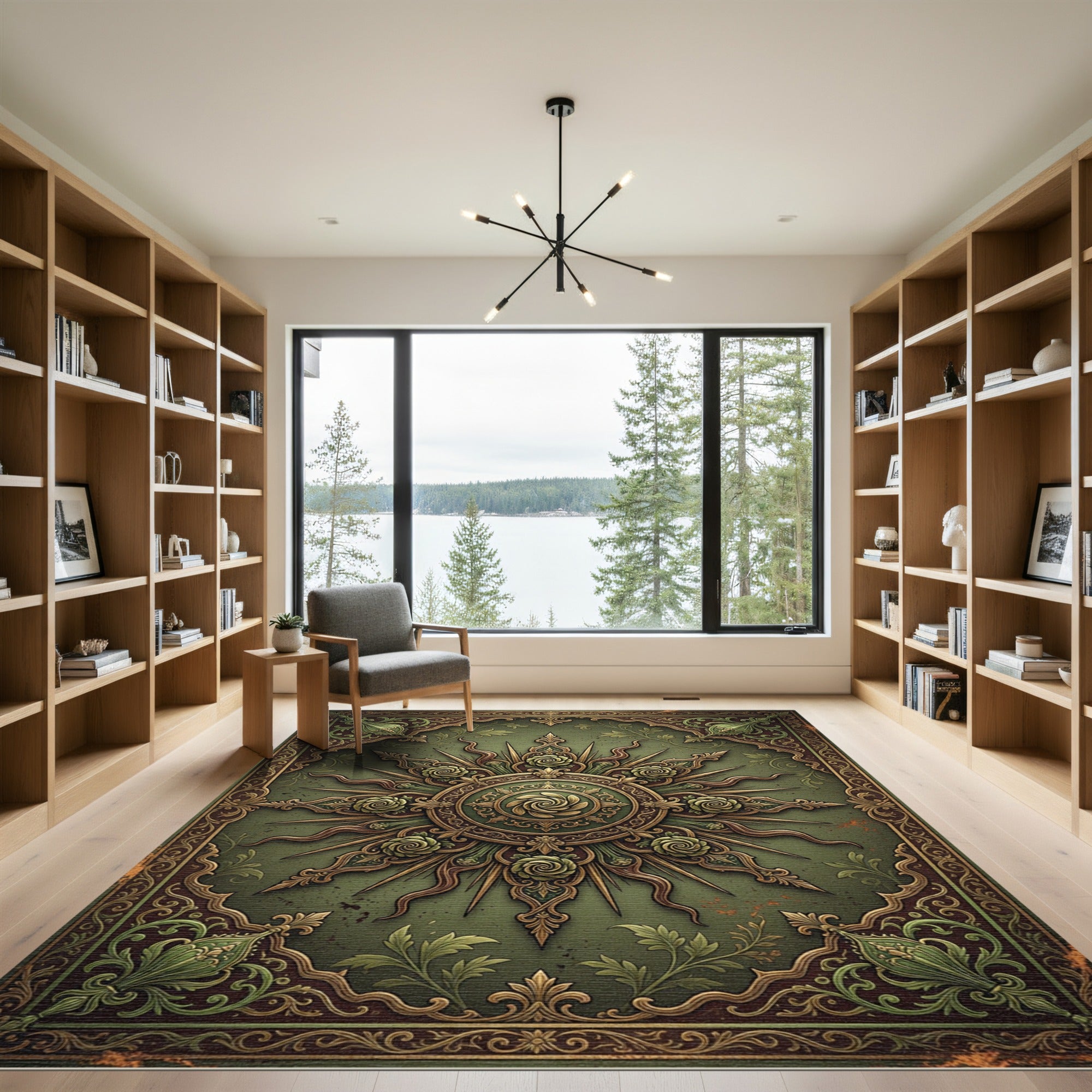 Ornate Sage Green Floral Radiating Medallion Rug