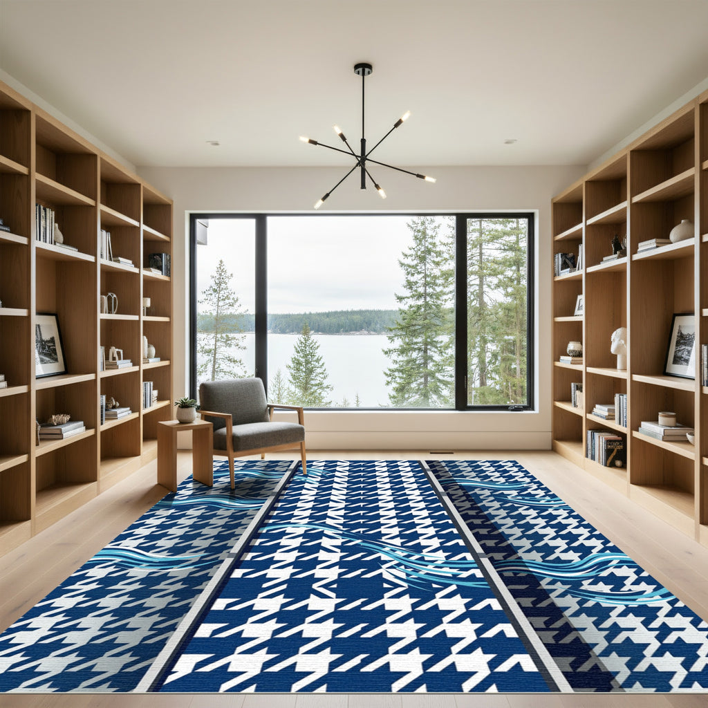 Navy Houndstooth with Dynamic Blue Waves Rug