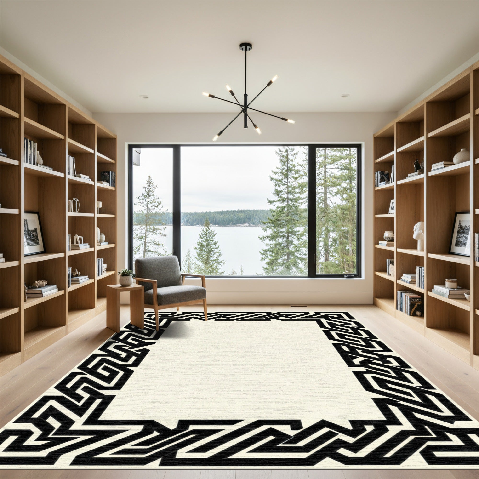 Black Geometric Maze Border Rug