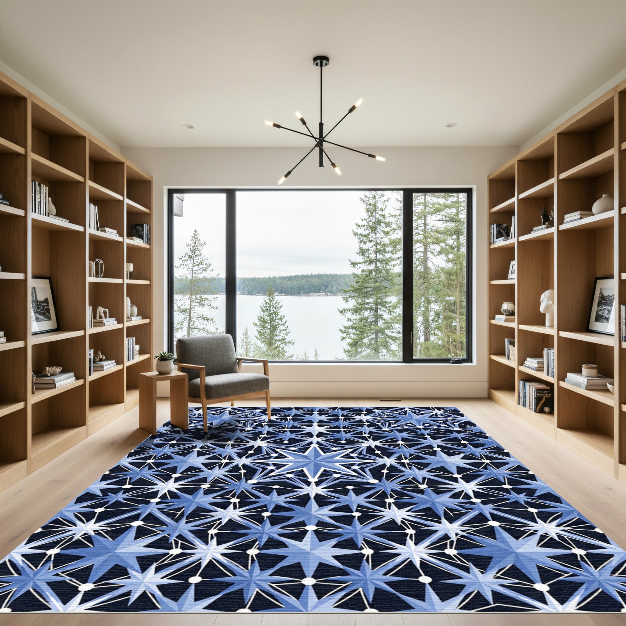 Celestial Blue Geometric Starry Grid Rug
