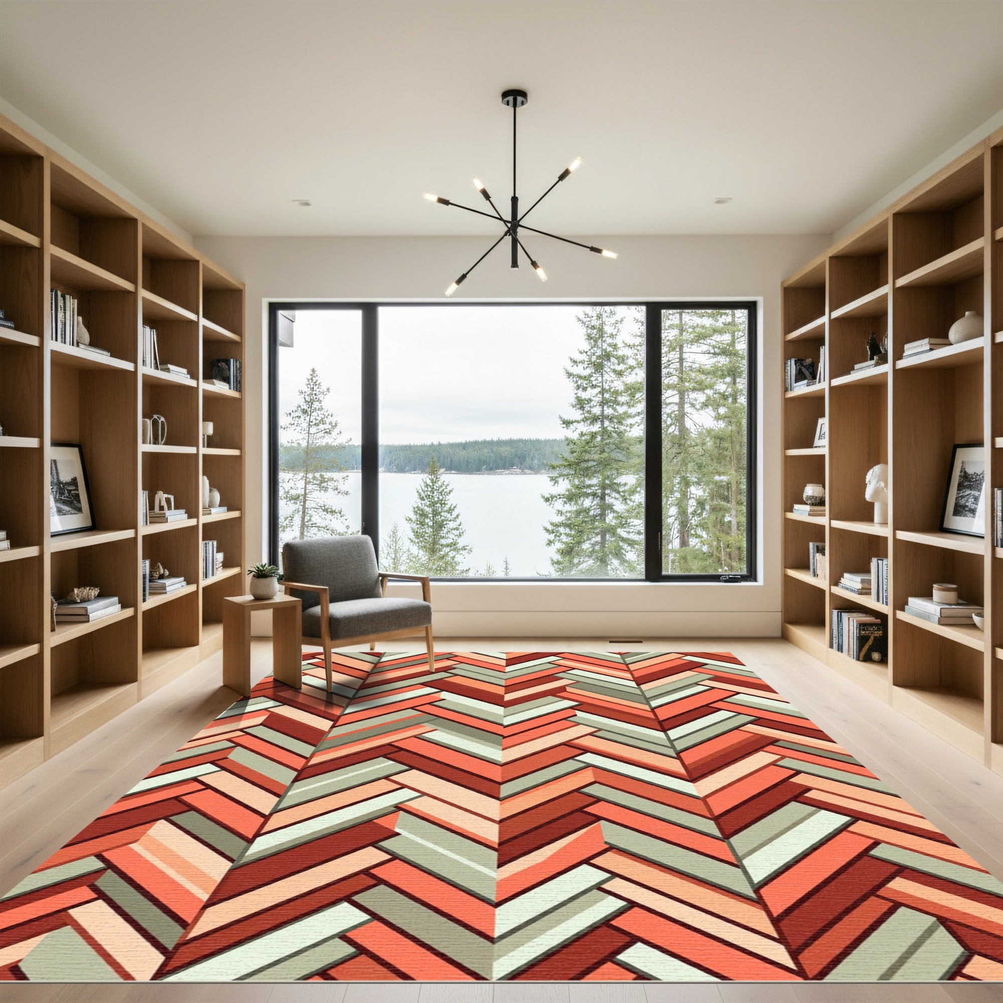 Terracotta Sage Herringbone Geometric Abstract Rug