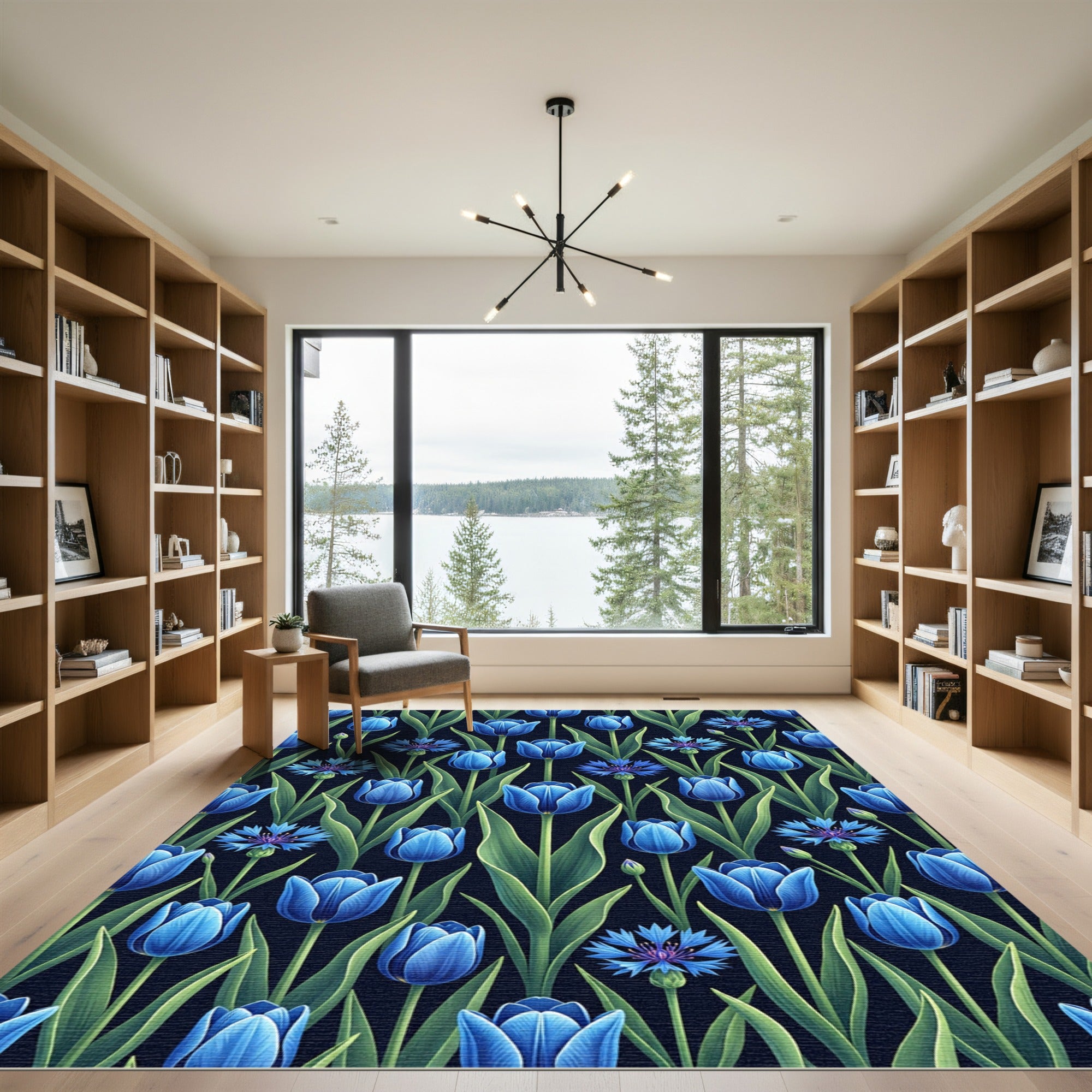 Elegant Blue Tulip and Cornflower Botanical Rug