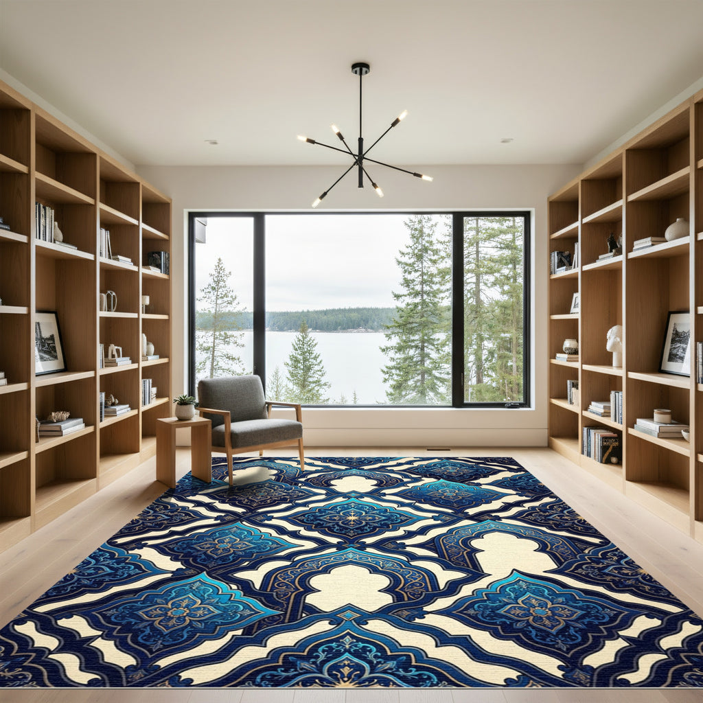 Intricate Deep Blue Arabesque Tile Rug