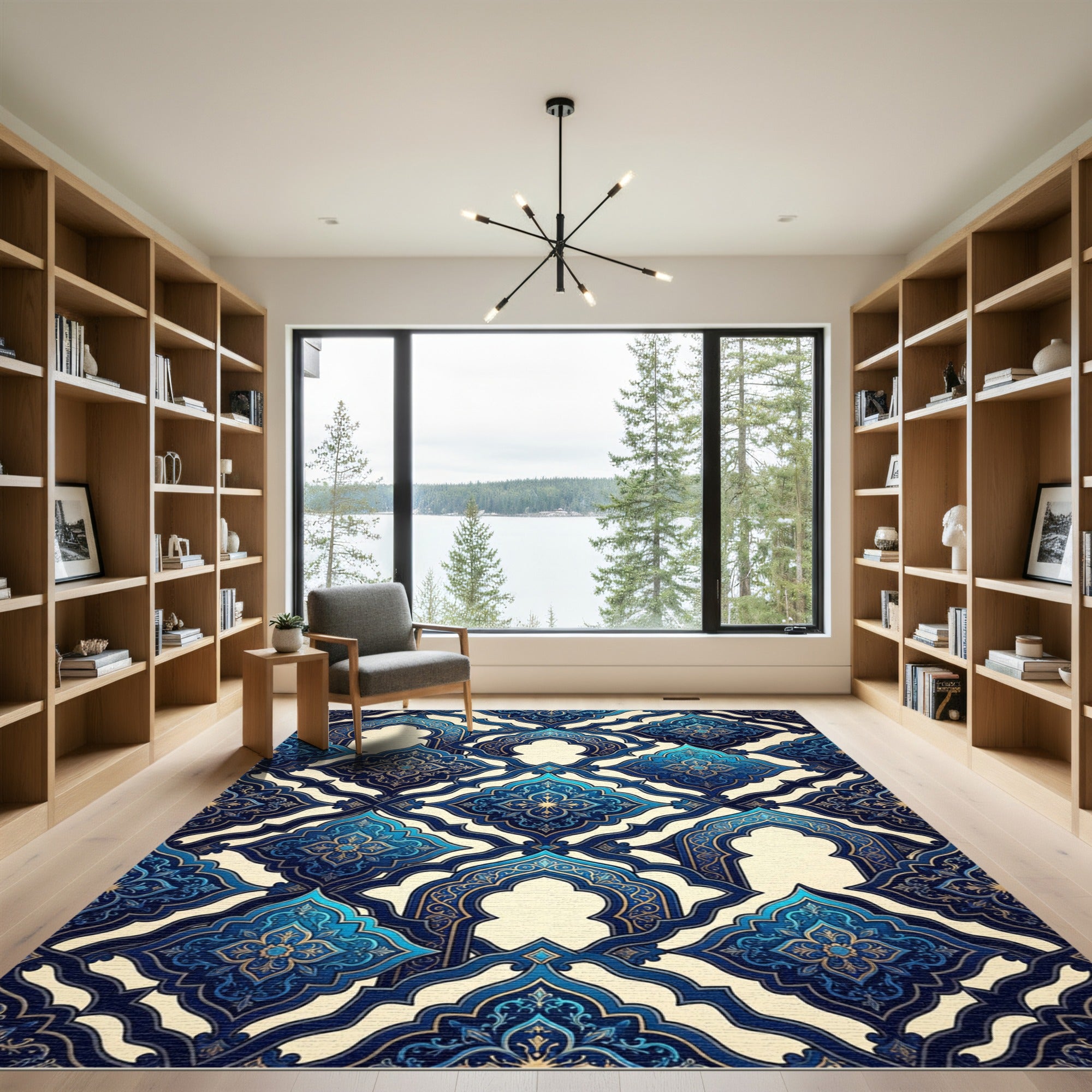 Intricate Deep Blue Arabesque Tile Rug