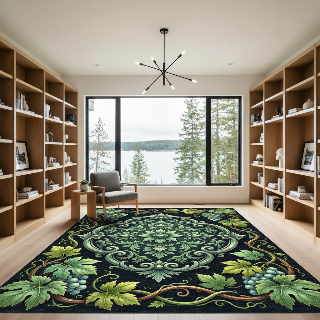 Ornate Emerald Grape Vine Medallion Rug