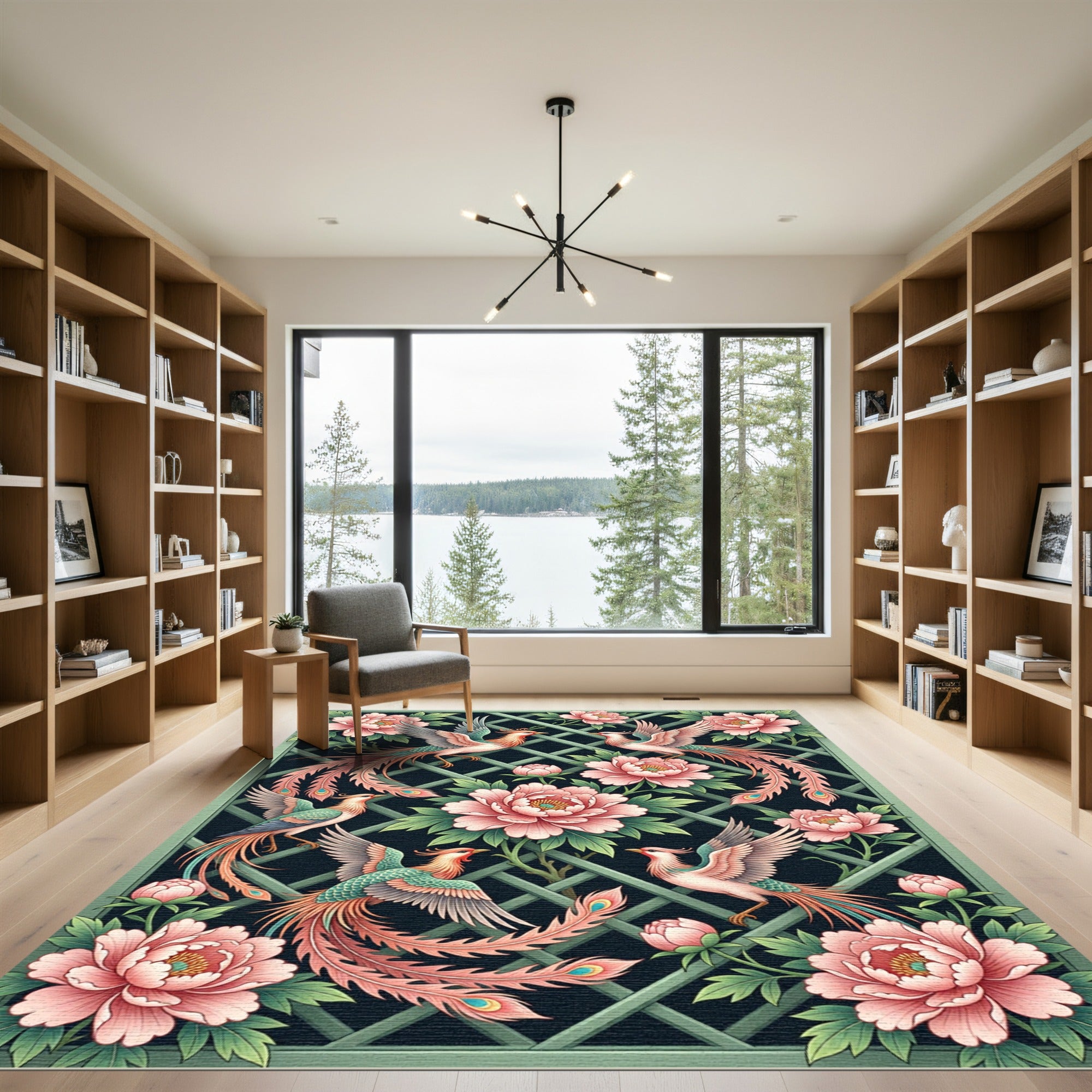 Elegant Pink Phoenix and Peony Garden Rug
