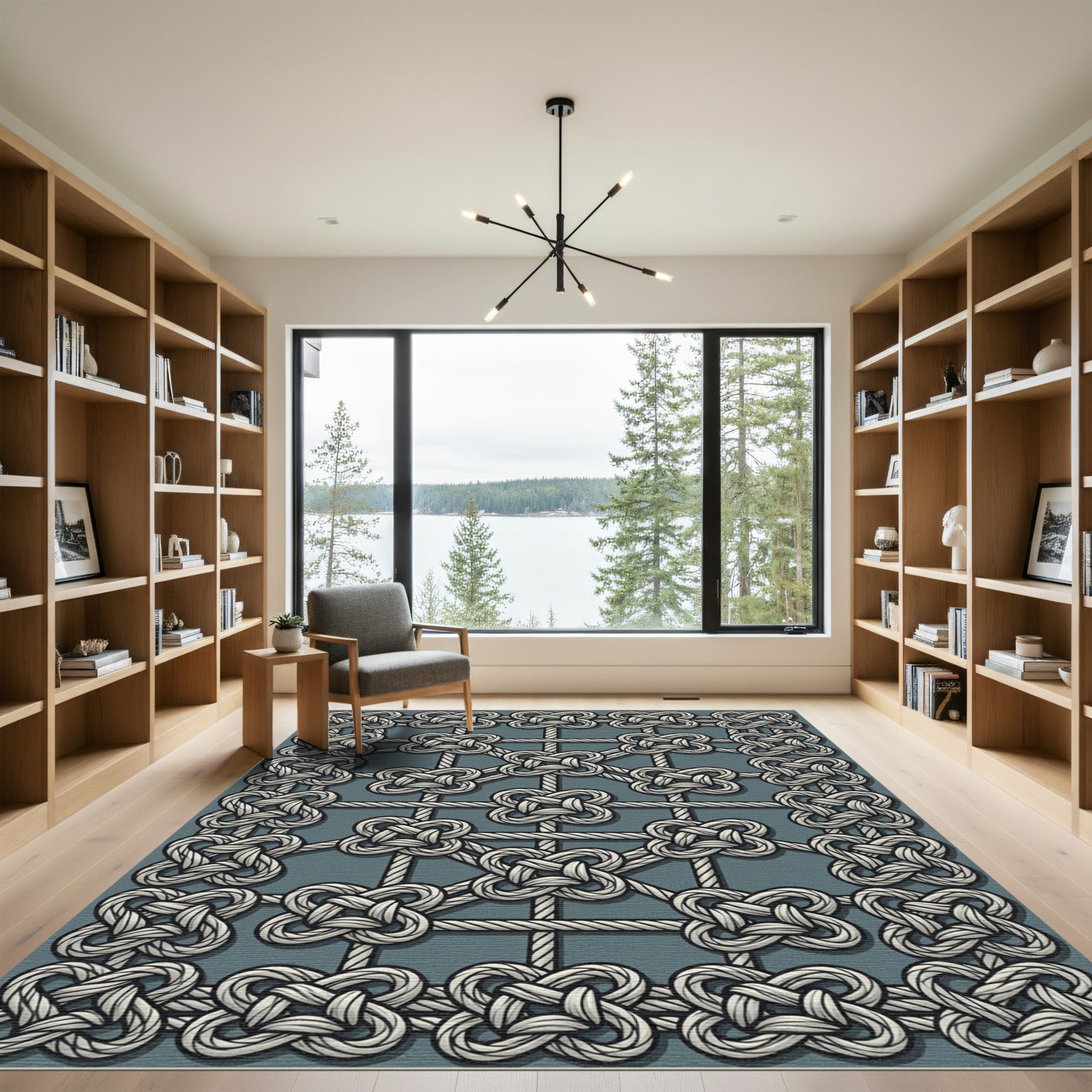 Gray Knotwork Geometric Grid Rug