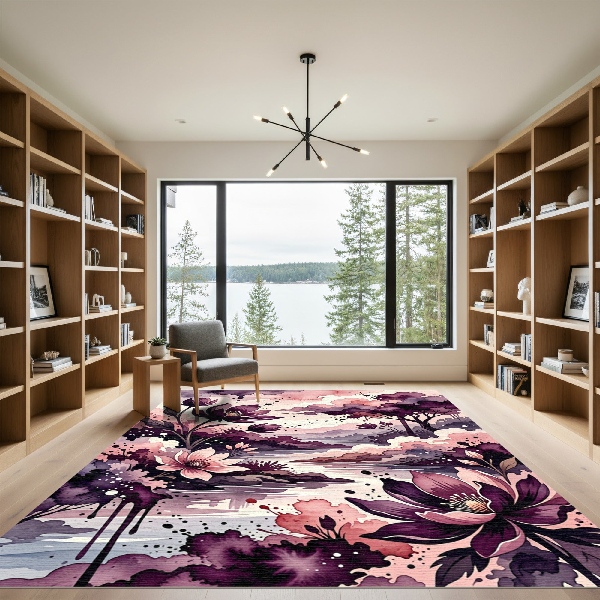Watercolor Plum Floral River Landscape Rug