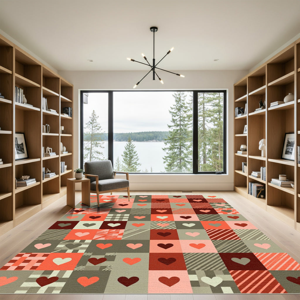 Coral and Deep Red Heart Grid Rug