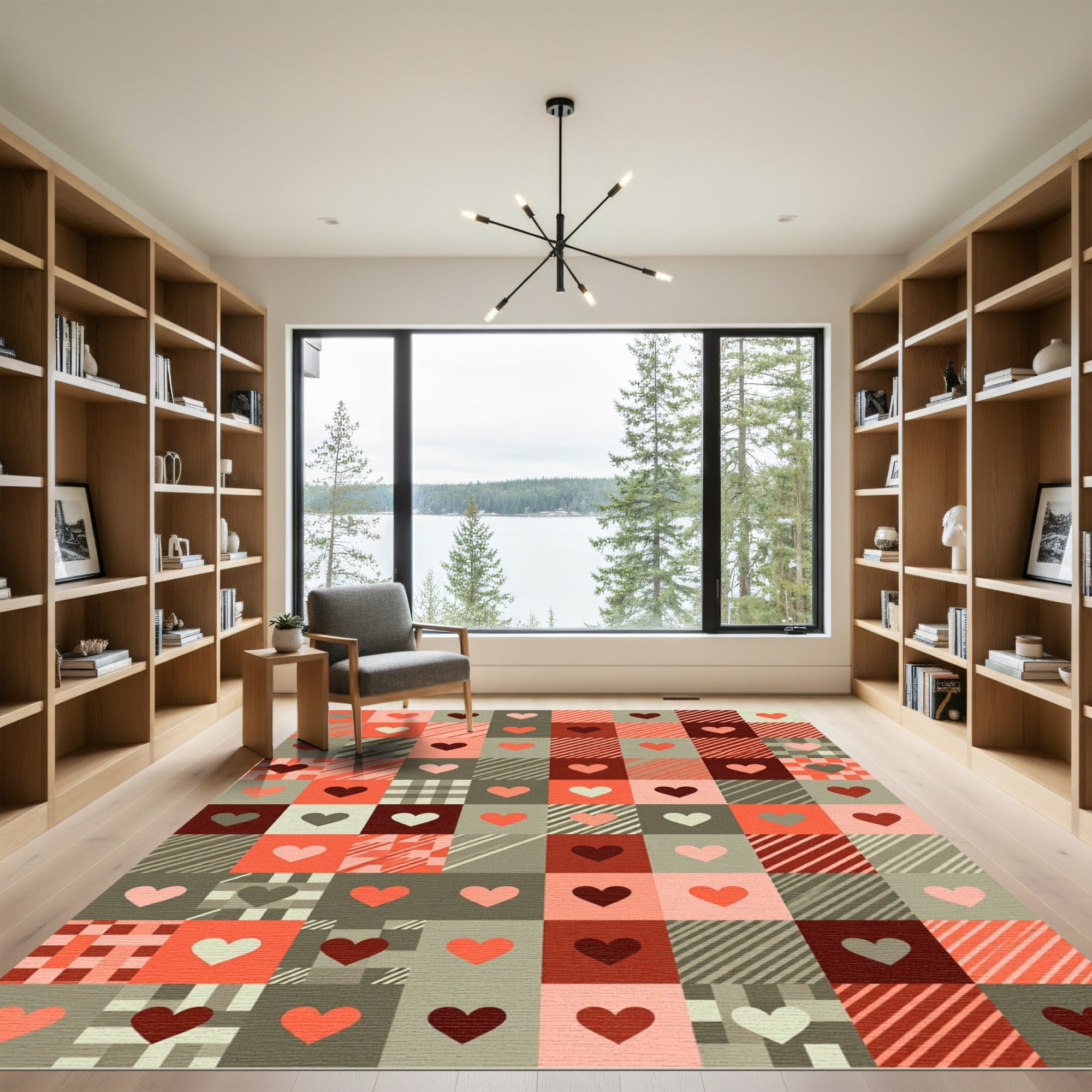 Coral and Deep Red Heart Grid Rug