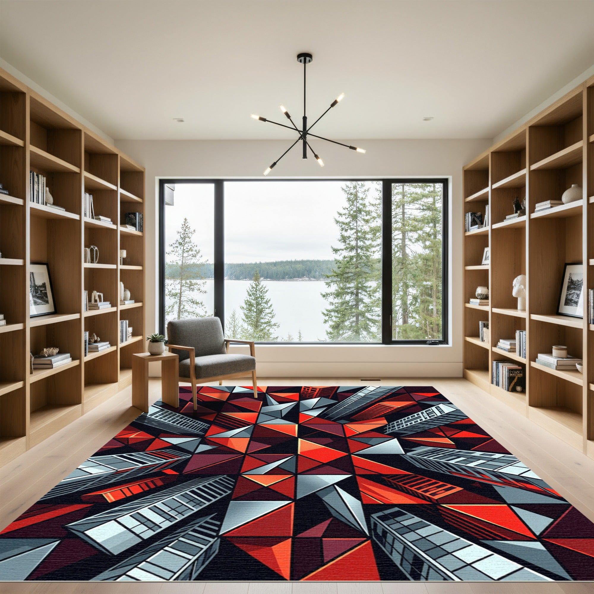 Geometric Red Cityscape Towers Rug