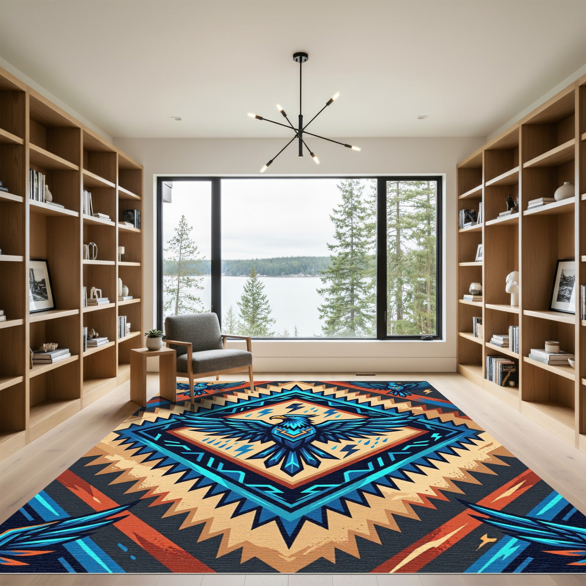 Bold Blue Eagle Tribal Diamond Rug