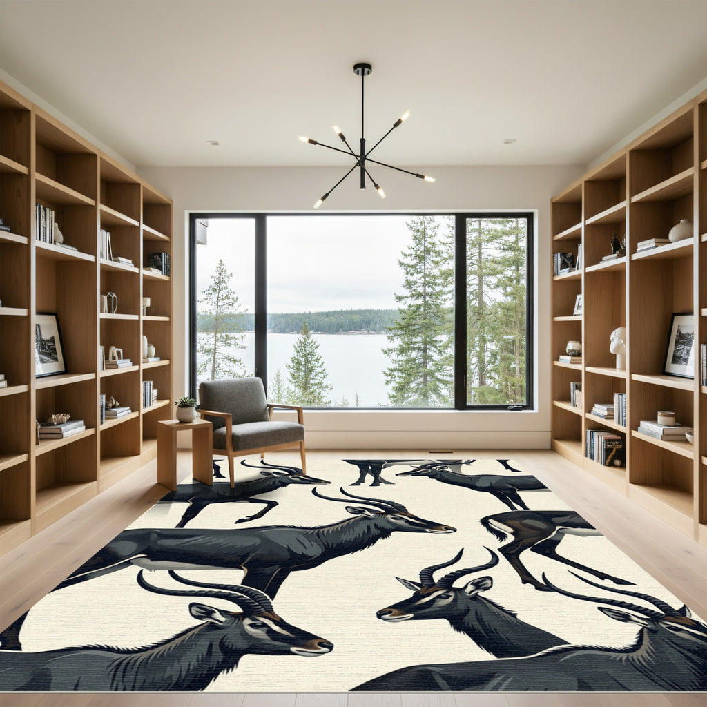 Elegant Monochrome Sable Antelope Illustration Rug