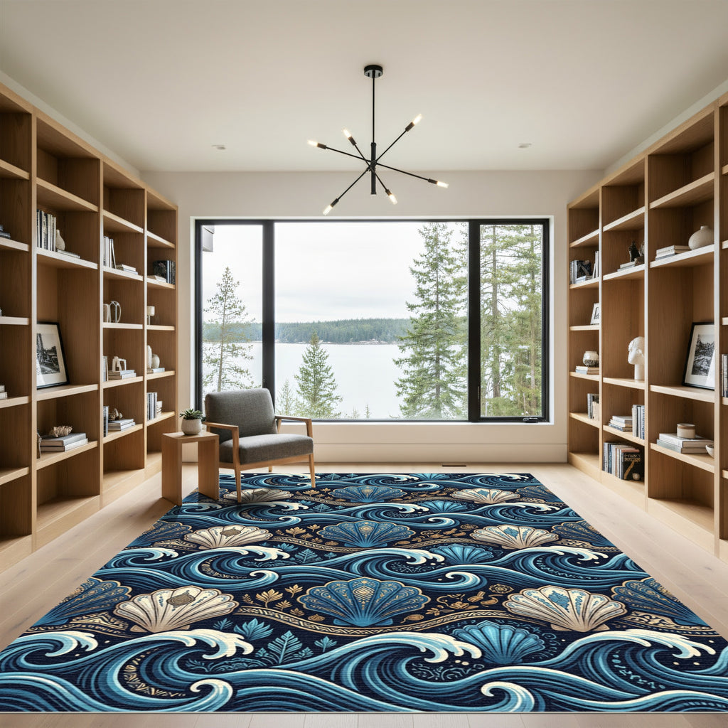 Blue Golden Seashell Wave Tapestry Rug