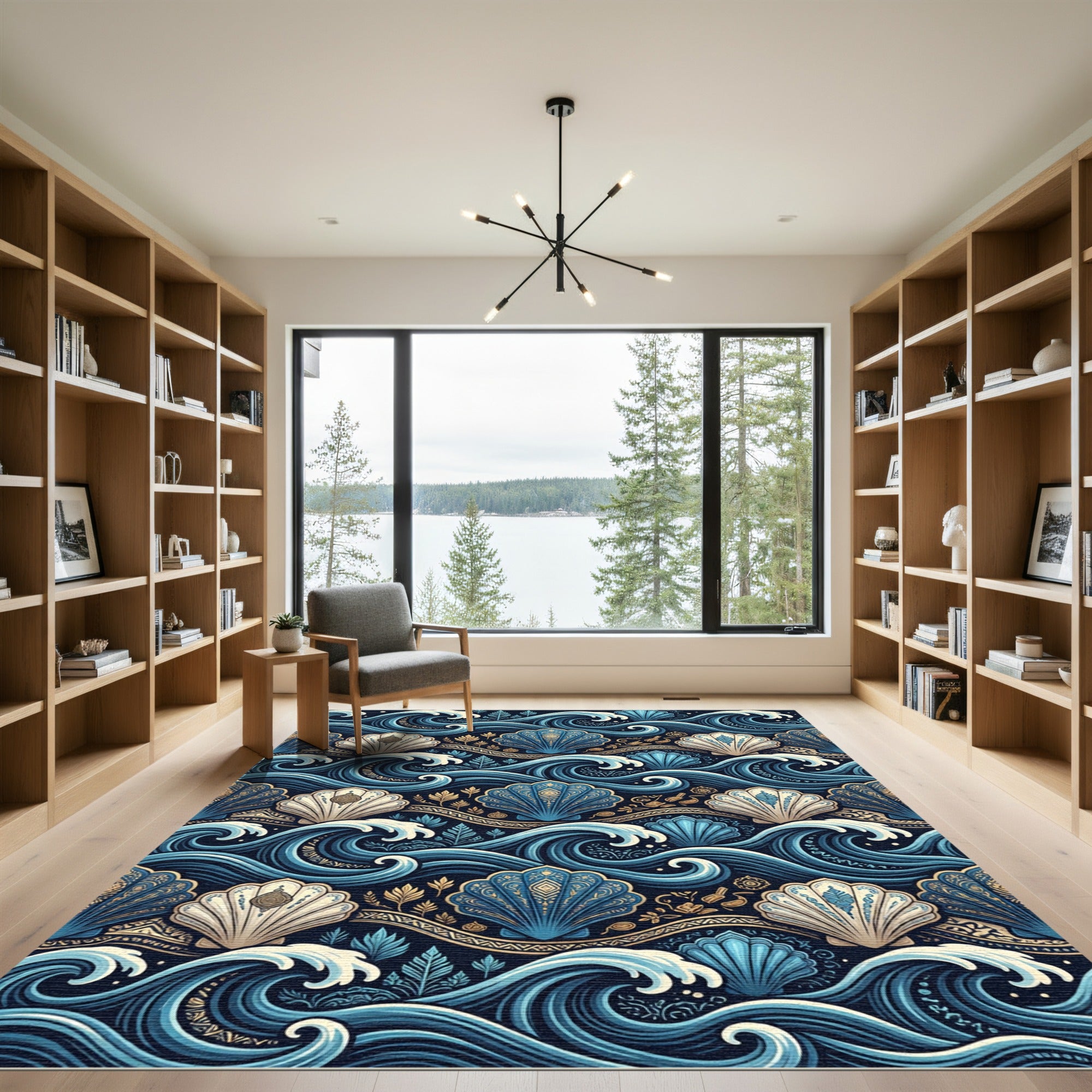 Blue Golden Seashell Wave Tapestry Rug
